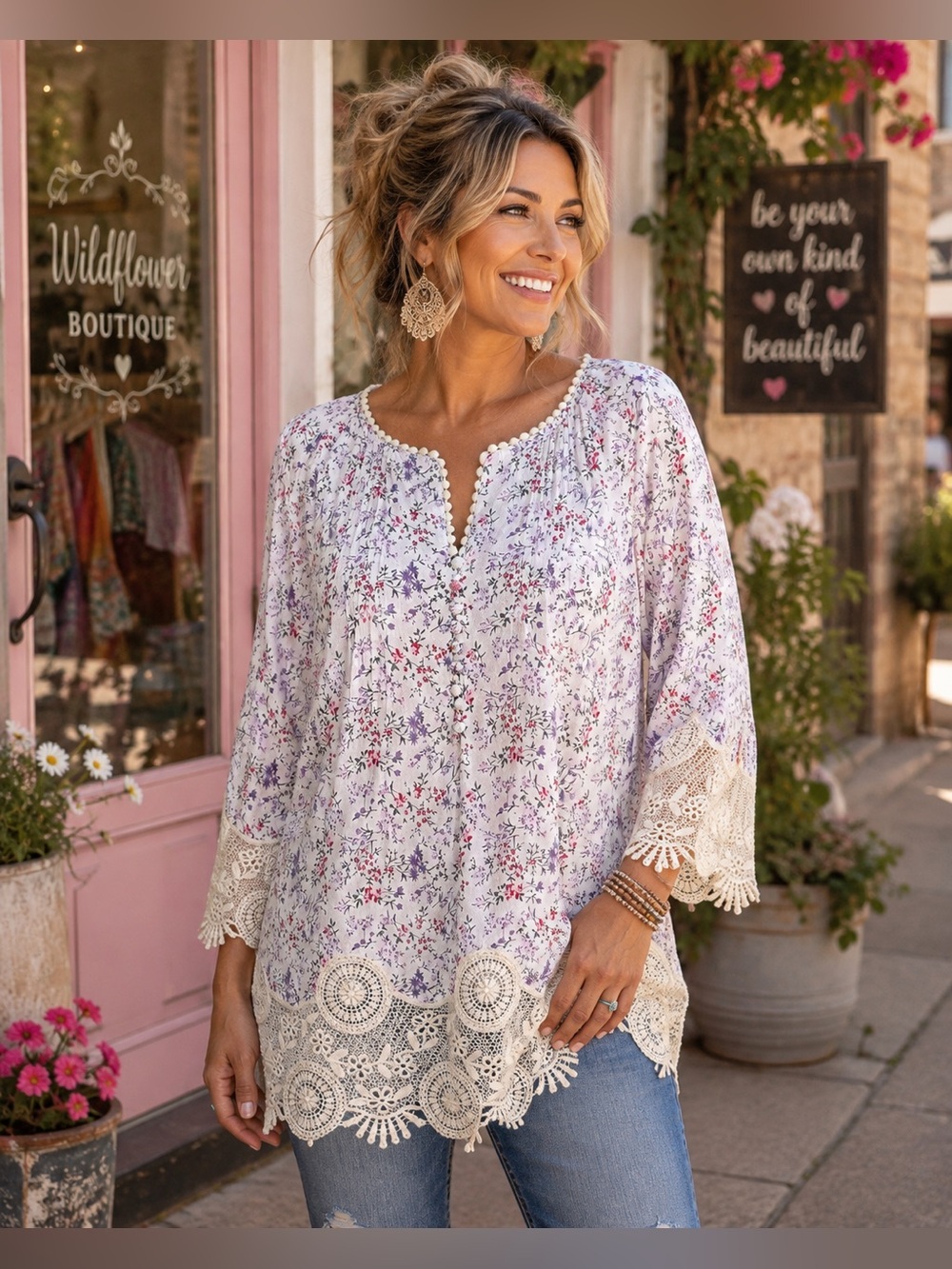 Tamsy 2X Boho Floral Crochet Lace Tunic Top Cottagecore Cotton Blouse